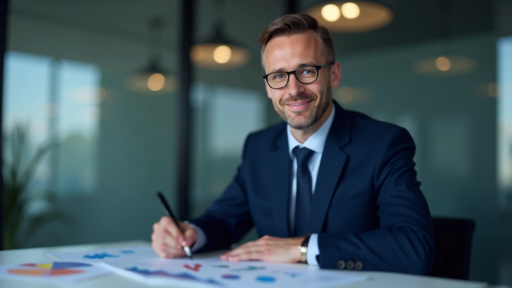 Přátelský výraz ekonoma pracujícího u stolu s grafy a poznámkami, horní část těla, moderní kancelář se tichým pozadím