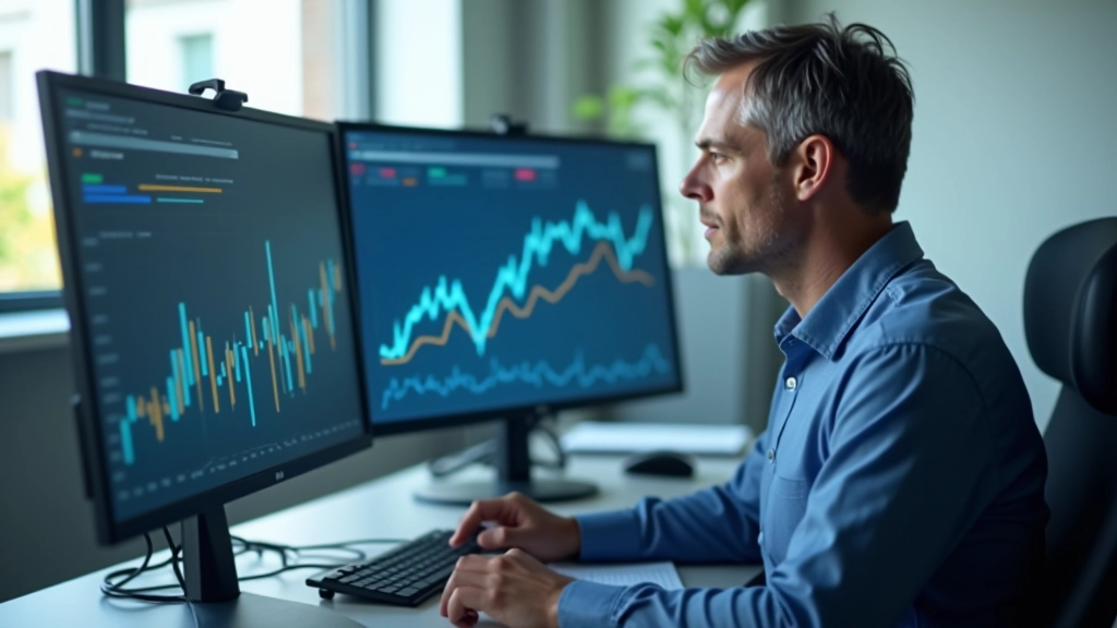 Ekonom sledující data z monitoru s grafy ekonomických trendů v reálném čase