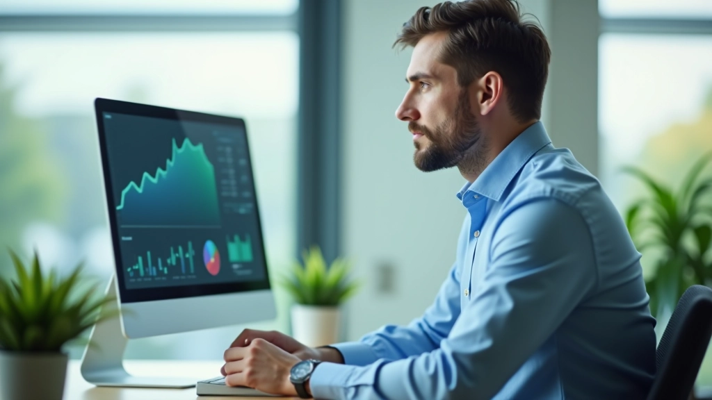 Pracovník sleduje ekonomické indikátory na obrazovce počítače v kancelářské místnosti