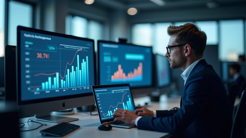 Moderní kancelářské prostředí se statistickými grafy a analýzou dat na obrazovkách, pracovníci s notebooky